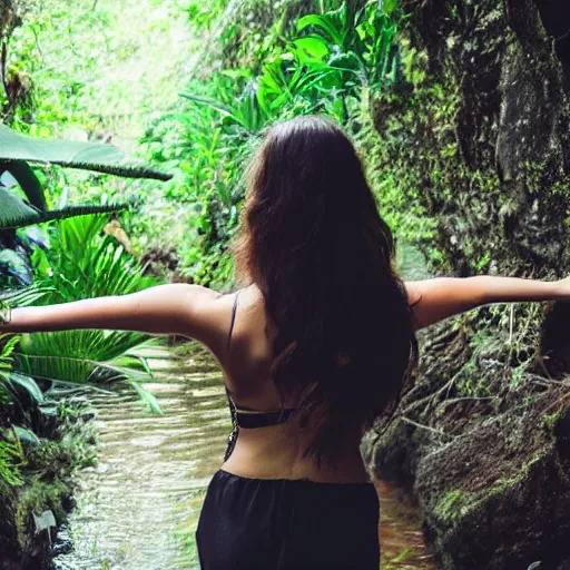 Prompt: beautiful female model, symmetric photo, back view, walking into a cenote in a lush jungle, vintage photograph, long wavy brunette hair, faded