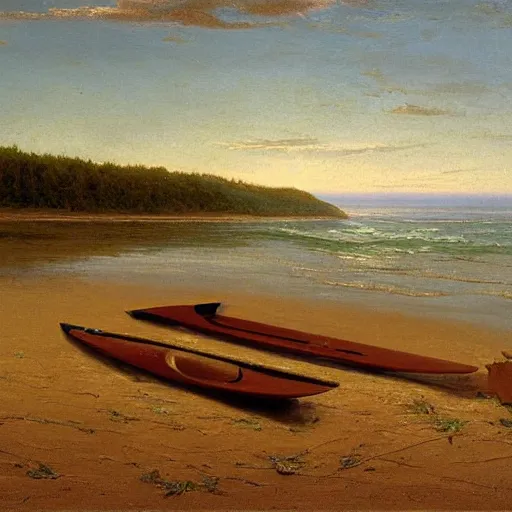 Image similar to An oil painting of lost kayak paddles on a New England beach, by Albert Bierstadt, 1858.