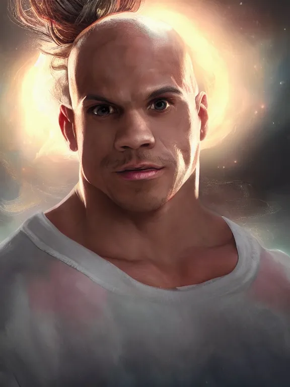 Image similar to portrait art of Tyler1 with long flowing hair, 8k ultra realistic , lens flare, atmosphere, glow, detailed, intricate, full of colour, cinematic lighting, trending on artstation, 4k, hyperrealistic, focused, extreme details, unreal engine 5, cinematic, masterpiece