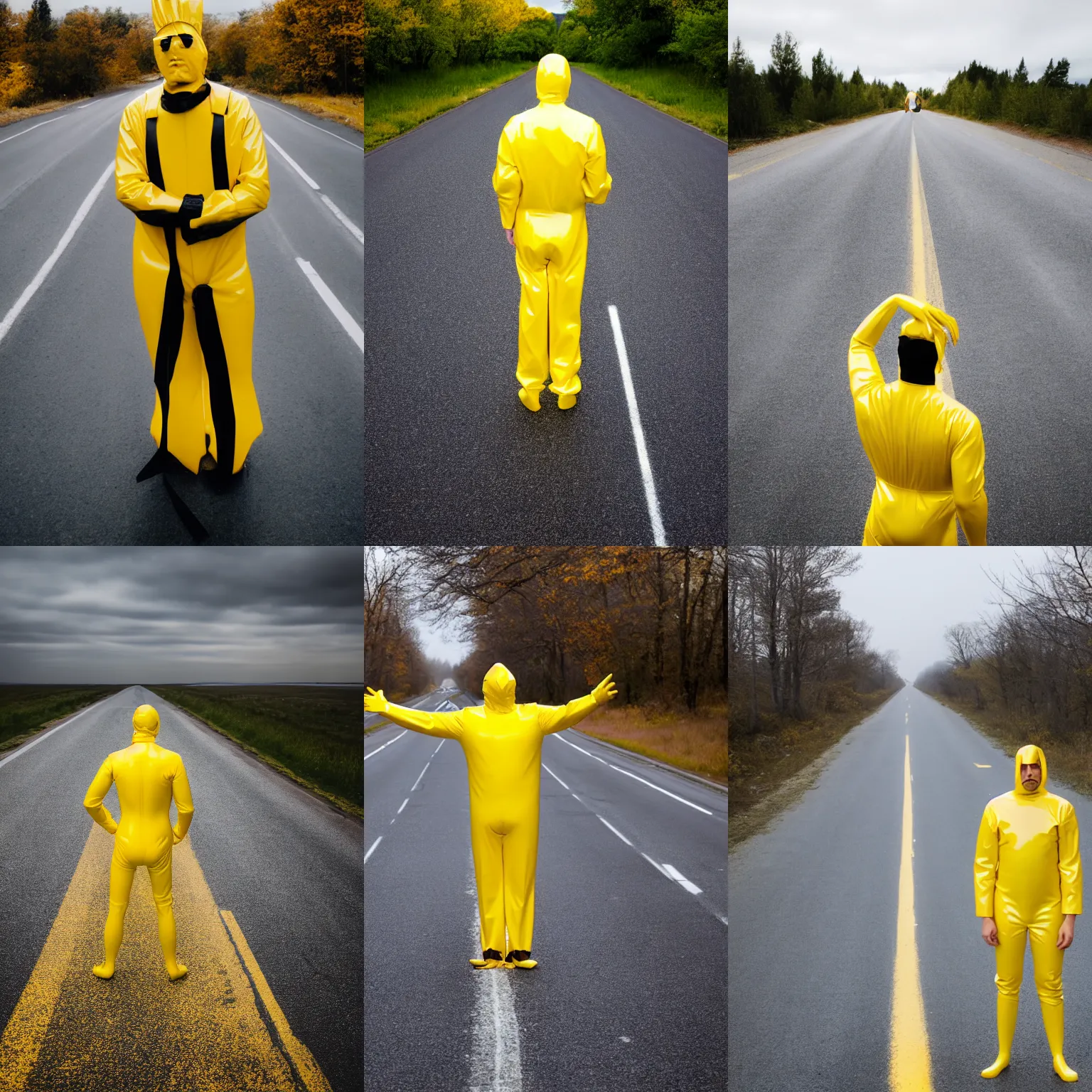 Prompt: a man completely wrapped in yellow latex standing in the middle of an empty road