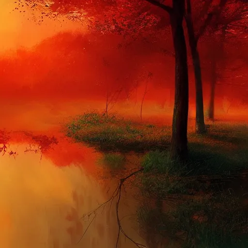 Image similar to huge orange and red mushroom in the woods, puddles of water, sunset, orange glow, foggy, by finnian macmanus and greg rutkowski