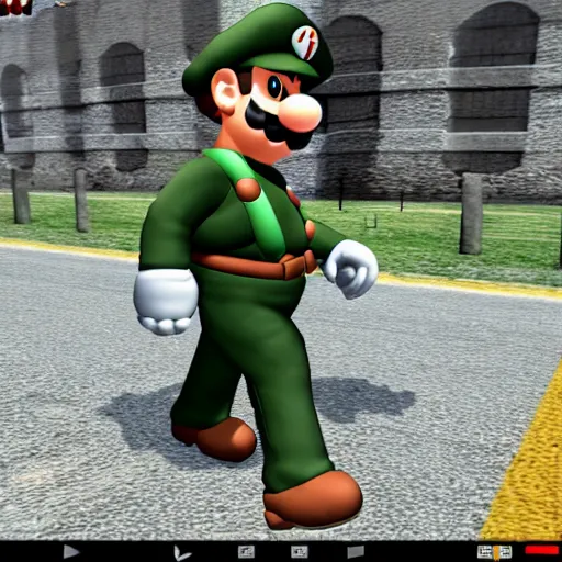 Image similar to mario as prison camp guard marching, wwii, officers uniform, ingame screenshot