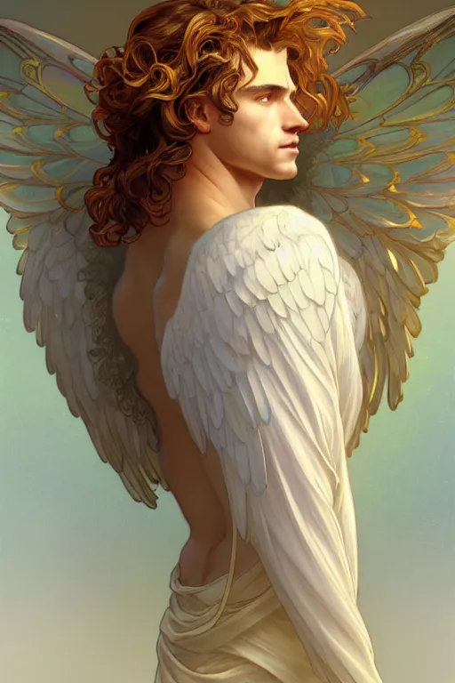 Image similar to full figure beautiful young fit male angel with curly blond hairs, dressed with fluent clothes, majestic wings, luminous halo, by greg rutkowski and alphonse mucha, d & d character, gradient white to gold, in front of an iridescent background, highly detailed portrait, digital painting, artstation, concept art, smooth, sharp focus illustration, artstation hq