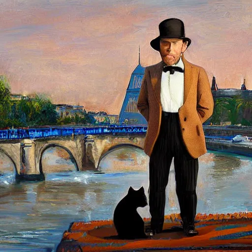 Prompt: ewan mcgregor is standing by the river seine on a bridge in the morning. he is wearing a gentleman ´ s outfit with a bowler hat. next to him at his feet is lying a brown cat. ewan mcgregor is painting a canvas that is put on an easel. morning light. early 2 0 th century paris. vivid colours, digital art