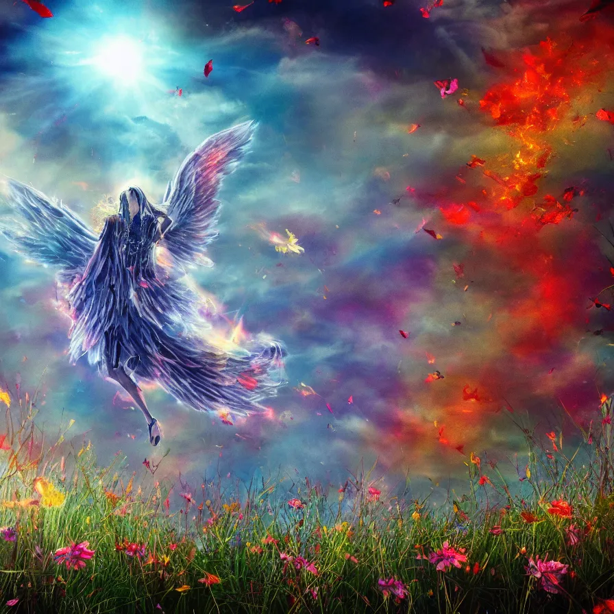 Image similar to dying grey demon with huge wide angel wings laying in beautiful summer flowers in amazing serene landscape in sun rays All the flowers around me are blooming. Lovely . Red burning meteor falling on background. Rainbow. Raining. Starts falling. Incredible colors. Hyperdetailed. Autumn color scheme.