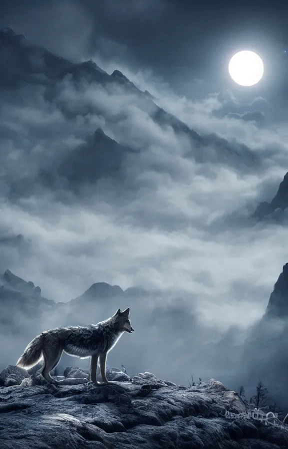 Image similar to a photograph of a wolf at full moon in a mountainous environment, full moon with fog and clouds, concept art, epic lighting, cinematographic