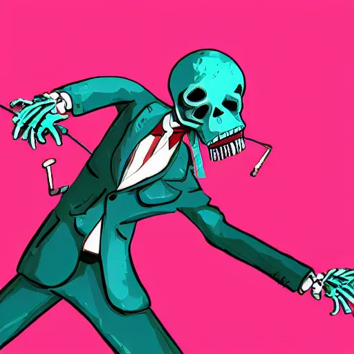 Prompt: a skeleton in sunglasses and an elegant suit dancing, digital art, teal and red color palette, gray dungeon background, very realistic, artstation, hotline miami promo art