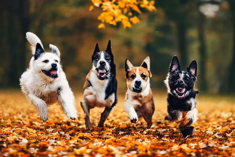 Image similar to dogs running through autumn leaves towards the camera, motion blur