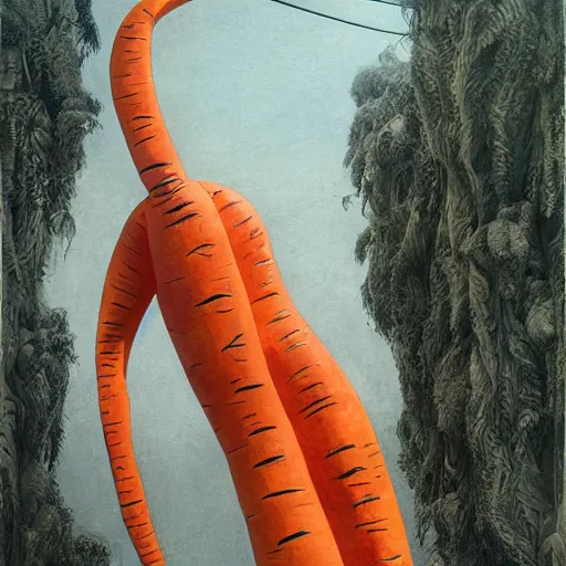 Image similar to by joao ruas jaunty carrot orange. a sculpture of a large, looming creature with a long, snake body. many large, sharp teeth, & eyes glow. wrapped around a large tree, bent under the weight. small figure in foreground, a sword, dwarfed by the size of the creature.