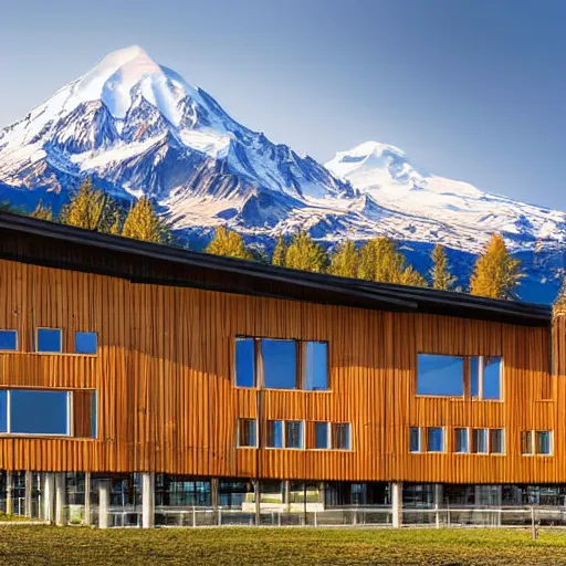 Image similar to architecture photo modern fachwerk wooden school with Elbrus mountain on the background, architecture, photorealism 8k , shining and happy atmosphere, uplight, high details