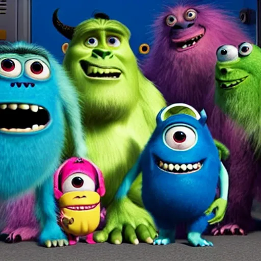 Image similar to monsters Inc sully standing next to a group of sully clones