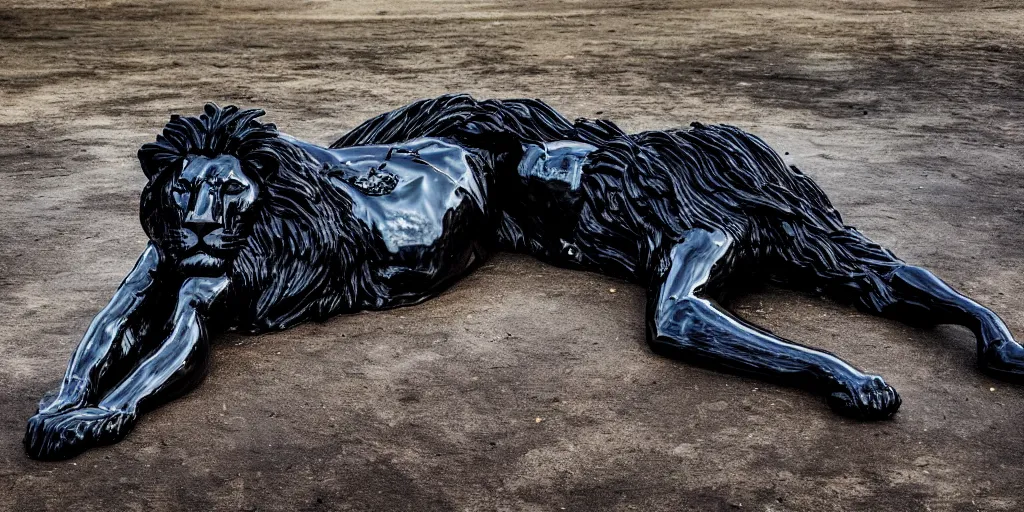 Prompt: a shiny black goo covered lion, lion made of black goo, goo lion, lion made of goo, latex shiny, laying in a tar pit, dslr, photography, ferrofluid, wildlife photography, award winning animal photography, safari