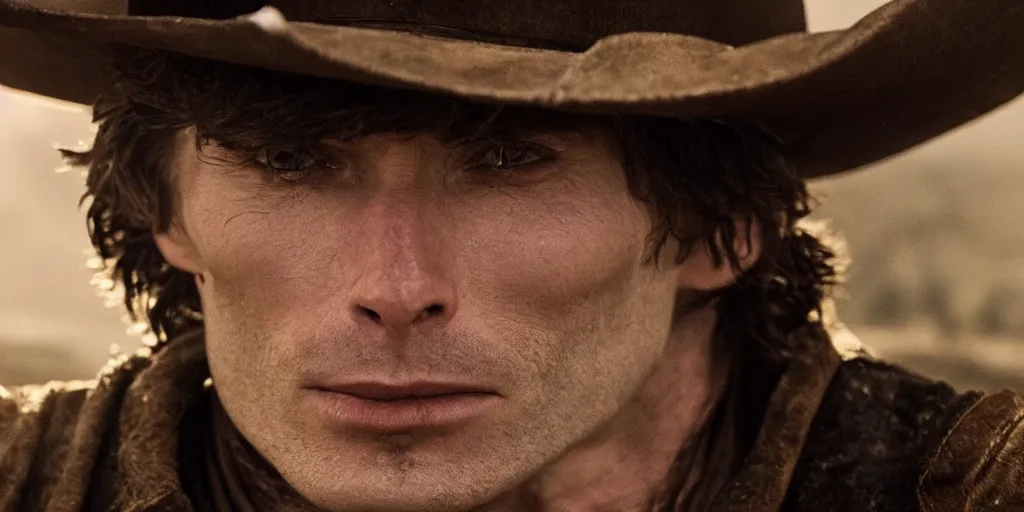 Image similar to portrait of rugged bandit cillian murphy in the old west, strangling a cowboy in volumetric lighting, cinematic, dark, grim. directed by coen brothers.