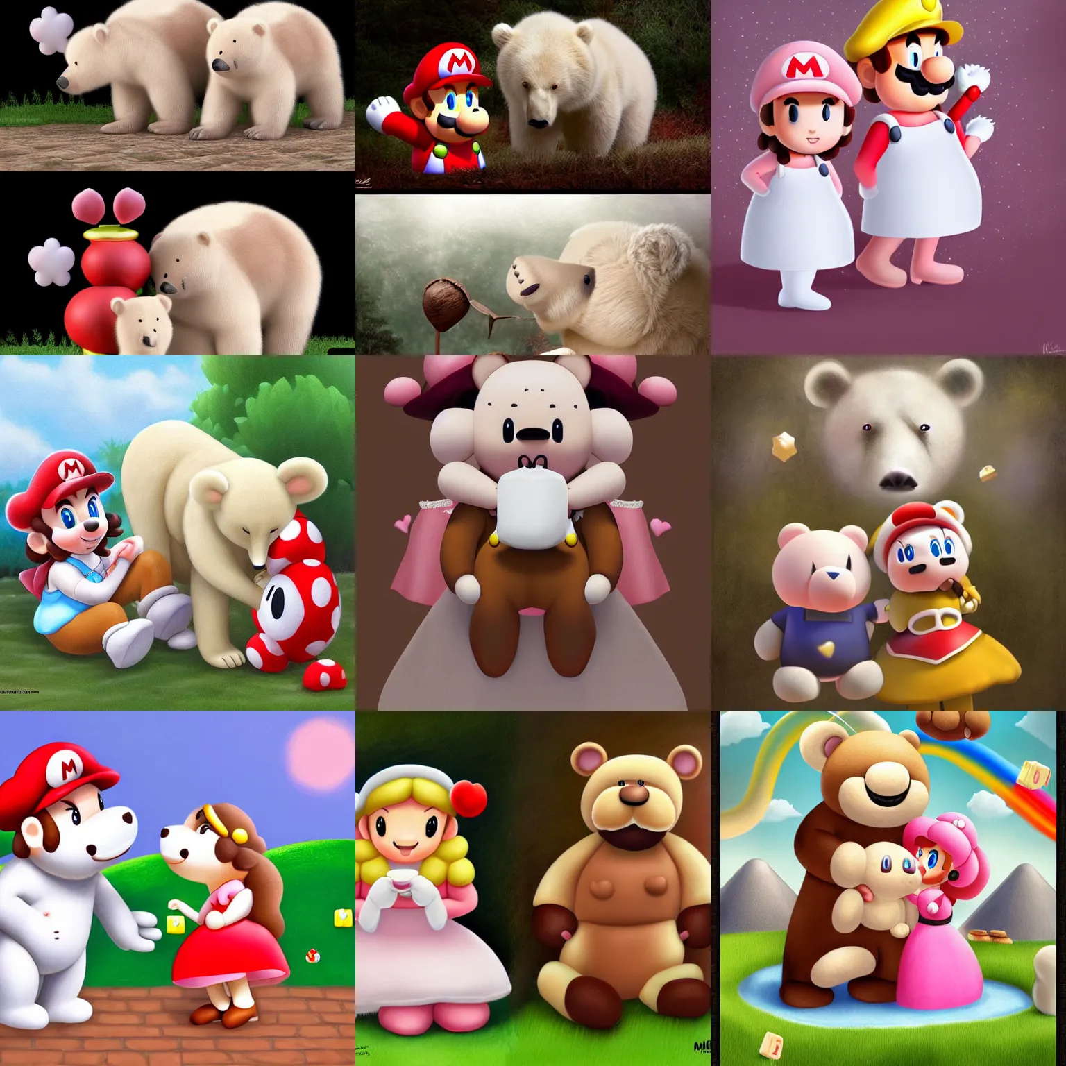 Prompt: milk & mocha bear as mario and princess peach by melani sie, milk is a white bear and mocha is a brown bear, cute and adorable, matte painting