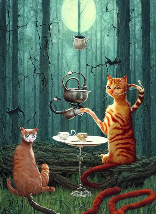 Image similar to cat having tea with a witch in the woods gorgeous lighting, lush forest foliage blue sky a hyper realistic painting by chiara bautista and beksinski and norman rockwell and greg rutkowski weta studio, and lucasfilm