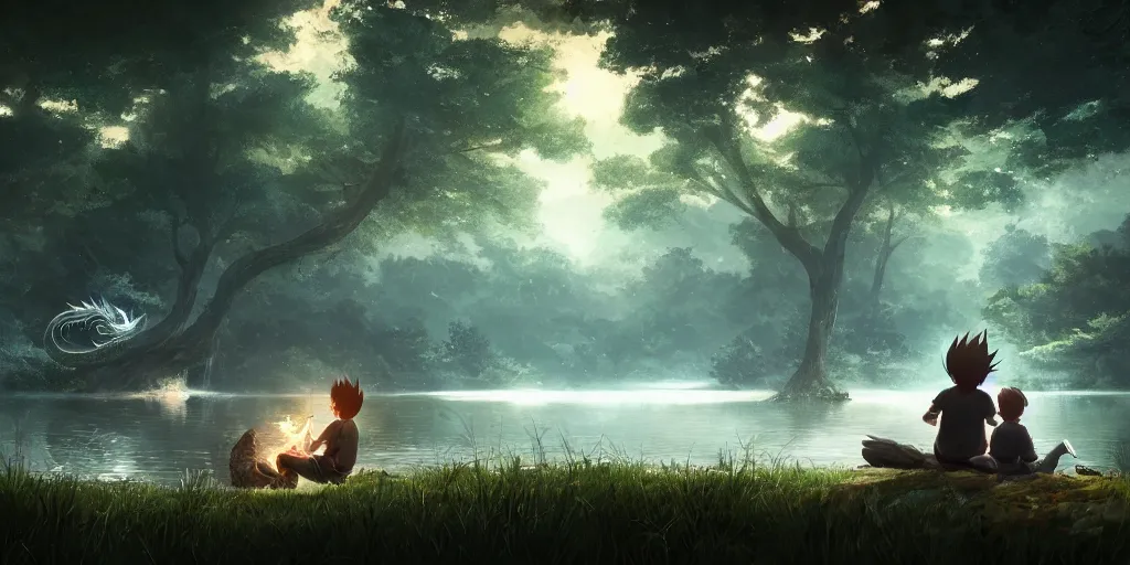 Image similar to a big silver dragon and a boy sitting next to lake in forest, many fireflys, at night, concept art, dof, cryengine, digital art, detailed background, makoto shinkai