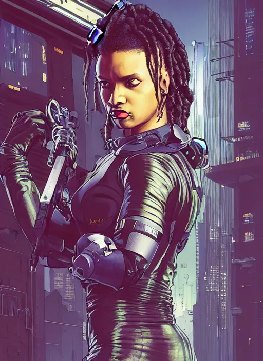 Prompt: selina igwe. cyberpunk mercenary in tactical harness and jumpsuit. dystopian. portrait by stonehouse and mœbius and will eisner and gil elvgren and pixar. realistic proportions. cyberpunk 2 0 7 7, apex, blade runner 2 0 4 9 concept art. cel shading. attractive face. thick lines. moody industrial landscape.