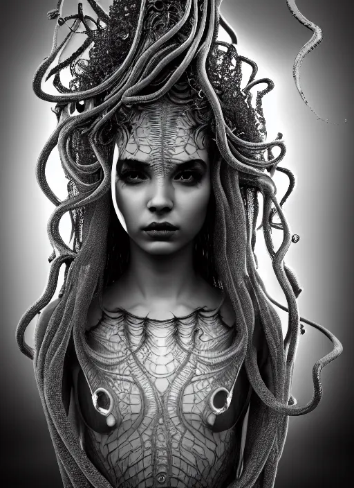 Prompt: surreal mythical dreamy dark artistic black and white fine art photo of a beautiful young female medusa - cyborg covered with translucent algae, highly detailed, intricate crystal ivy jelly fish scales ornate, lace web, poetic, octane render, 8 k, photo - realistic, by man ray