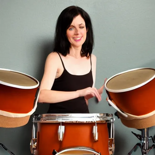 Image similar to tall dark haired woman teaching cats how to play drums