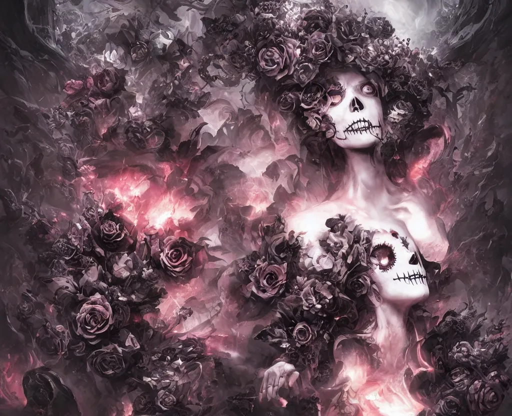 Prompt: a chaotic goddess of death skull black rose s day of the dead atmospheric, dramatic, concept art by a professional manga illustrator, Stanley Artgerm Lau, WLOP, Rossdraws, James Jean, Andrei Riabovitchev, Marc Simonetti, and Sakimichan hyperrealist, cinema4D, 8k highly detailed ❤️‍🔥 🔥 💀 🤖 🚀