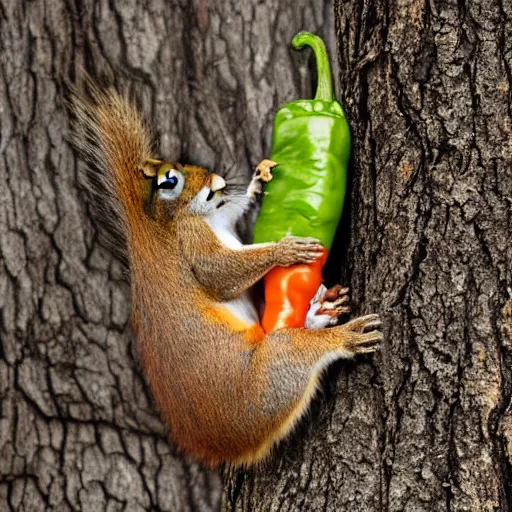Image similar to a photograph of a Squirrel winces in disgust whilst holding a pepper