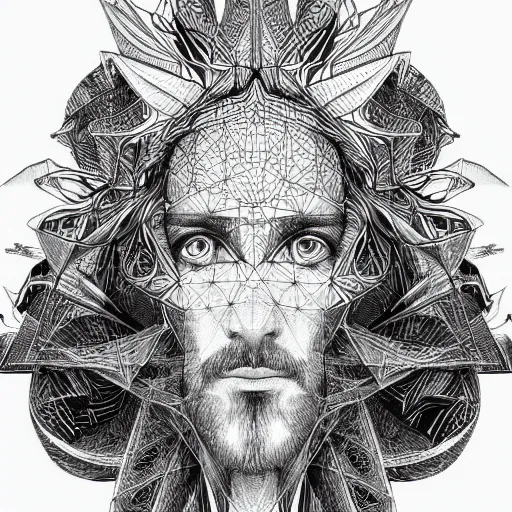 Prompt: Geometrically surreal Jesus, extremely high detail, photorealistic, intricate line drawings, dotart, album art in the style of James Jean