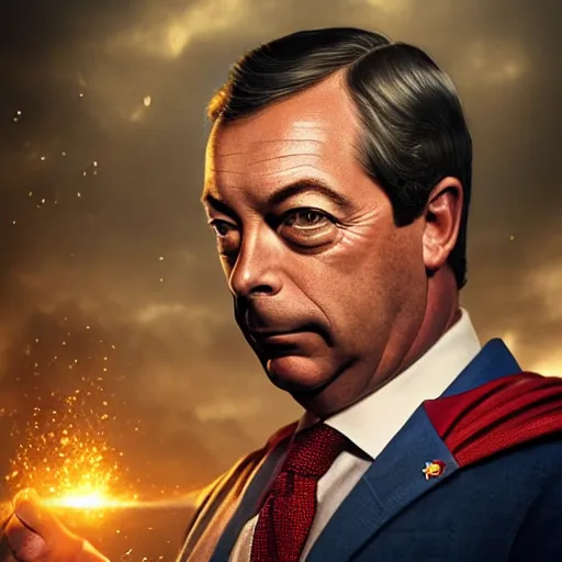 Image similar to Portrait of Nigel Farage as superman, heroic, amazing splashscreen artwork, splash art, head slightly tilted, natural light, elegant, intricate, fantasy, atmospheric lighting, cinematic, matte painting, detailed face, by Greg rutkowski