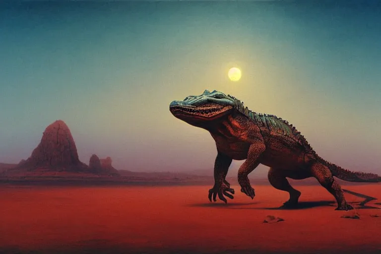 Image similar to painting of large undiscovered prehistoric reptilian creature in the deserts of australia, apoda!!!, by zdzislaw beksinski, by tiffany bozic, gothic, amazing details, volumetric lighting, 8 k, cold hue's, warm tone gradient background