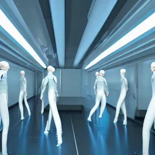 Image similar to troop of cloned women with white bob hairdos, tight light blue space cadet suits, futuristic cloning facility, sci - fi, highly detailed, cinematic