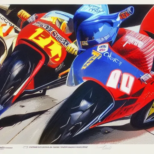 Image similar to photorealistic picture, by bob peak and alex ross, moto gp ads in 1 9 9 0 s, gouache and wash paints, fine details, fine intricate, fine facial proportionate, fine body proportionate, fine body posse, smooth sharp focus, sharp focus