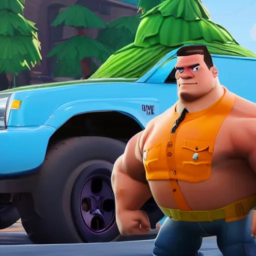 Prompt: fat john cena driving a car with really big tires, super big tires, chonky tires, fortnite screenshot. Chonkers. Chonk.