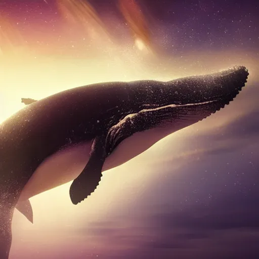 Image similar to a beautiful scenary of a fantasy world of a giant humpback whale on the sky with the background of a milky way, artstationHD, digital painting, hyper detail, elegant, cinematic, epic lighting, very very very very beautiful scenery