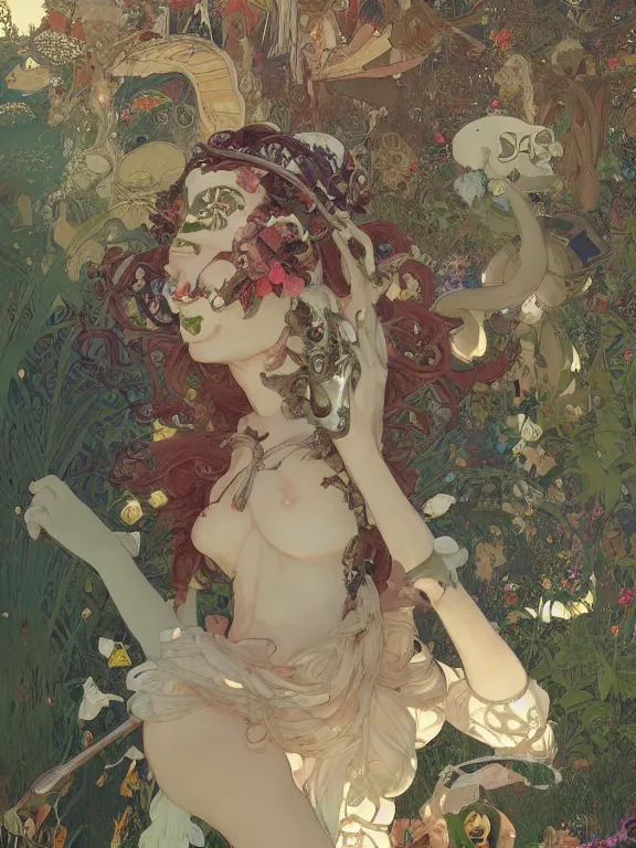 Prompt: skull - headed cyborg reaper dances in paradise garden dancing in paradise garden by mucha and jimmy lawlor and anna dittmann by atey ghailan, john foster, james gilleard, by joe fenton, by greg rutkowski, by greg tocchini, by kaethe butcher, 4 k resolution, dystopian background