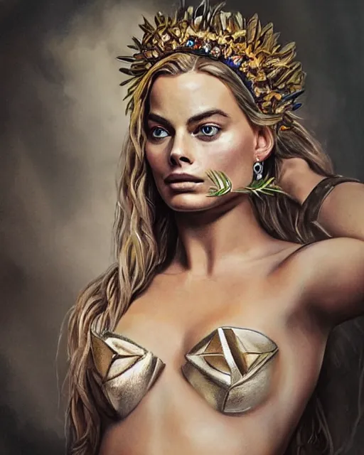 Image similar to realism tattoo sketch of margot robbie as a beautiful greek goddess aphrodite with piercing eyes wearing a laurel wreath and triangle earrings, in the style of greg rutkowski, amazing detail