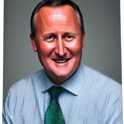 Prompt: a beautiful studio photo portrait of john key in chinatown, happy and smiling