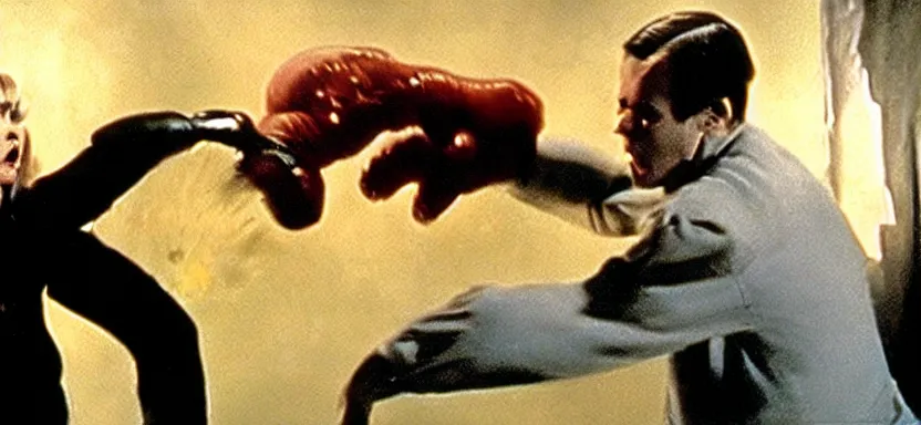 Image similar to a beautiful woman punching a monster in a film still from a roger corman film, hyperrealistic