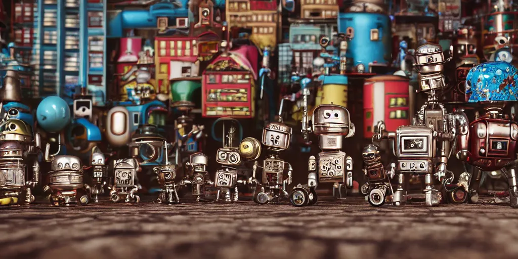 Image similar to closeup portrait of tin toy retro robot city diorama, depth of field, f 3 2, zeiss lens, detailed, centered, fashion photoshoot, by nicoletta ceccoli, mark ryden, lostfish, breathtaking, 8 k resolution, extremely detailed, beautiful, establishing shot, artistic, hyperrealistic, octane render, - h 8 0 4