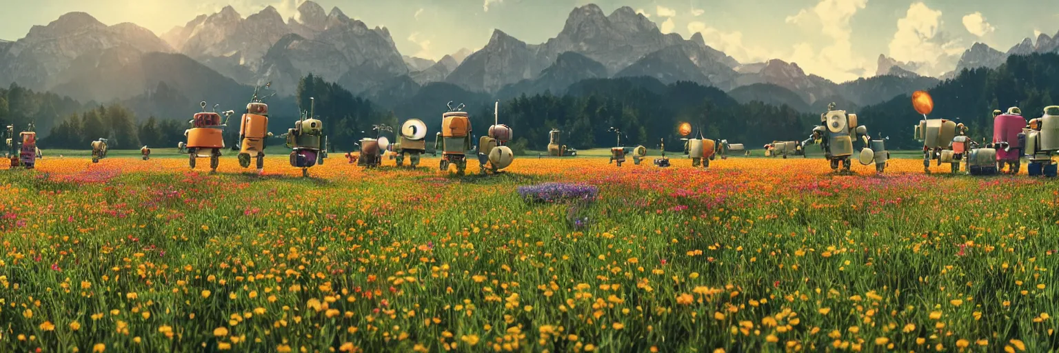 Prompt: a ultra photorealistic and sharp film still of an a sunny and colourful open field in 1 9 0 0 in the middle of the bavarian alps, germany. a bunch of tin can robots posing for instagram in the foreground. wide shot, wes anderson, studio ghibli, pixar and disney animation, octane render, anime key art by greg rutkowski, dramatic lighting, award winning photography