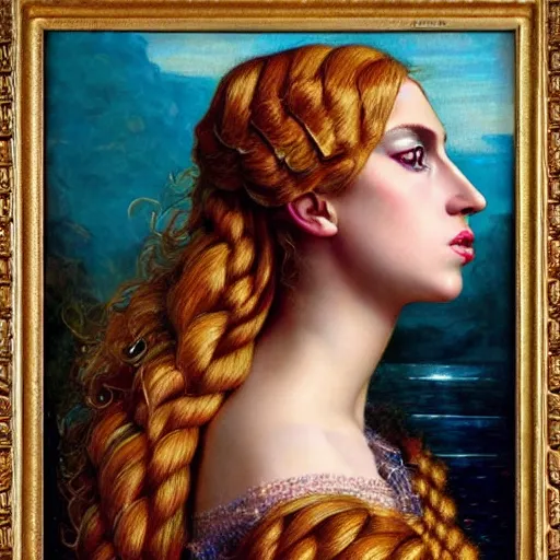 Prompt: photo realistic, hyper realism, lady gaga artpop act ii album, intricate detail, hyper detail, gaston bussiere, sandro botticelli style, with honey light brown rapunzel hair, detailed, masterpiece, sharp focus,