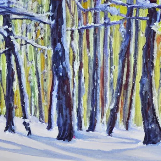 Prompt: a painting of a snowy forest with trees, an acrylic painting by Ray Crooke, metropolitan museum, contest winner, american scene painting, detailed painting