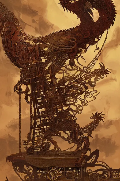 Prompt: illustration, old sick gold and crimsoned scaled asian style dragon on a steam punk plank of machinery with wires and gears and steam punk apparatus, matte painting, style of studio ghibli, featured in artstation and artgerm and pixiv, award winning, cinematic, intricate, 8 k