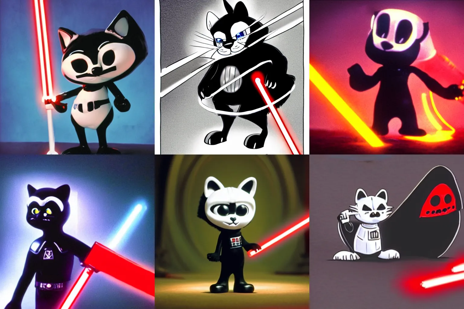 Prompt: Felix the Cat as a sith lord, holding a red light saber. Cinematic.