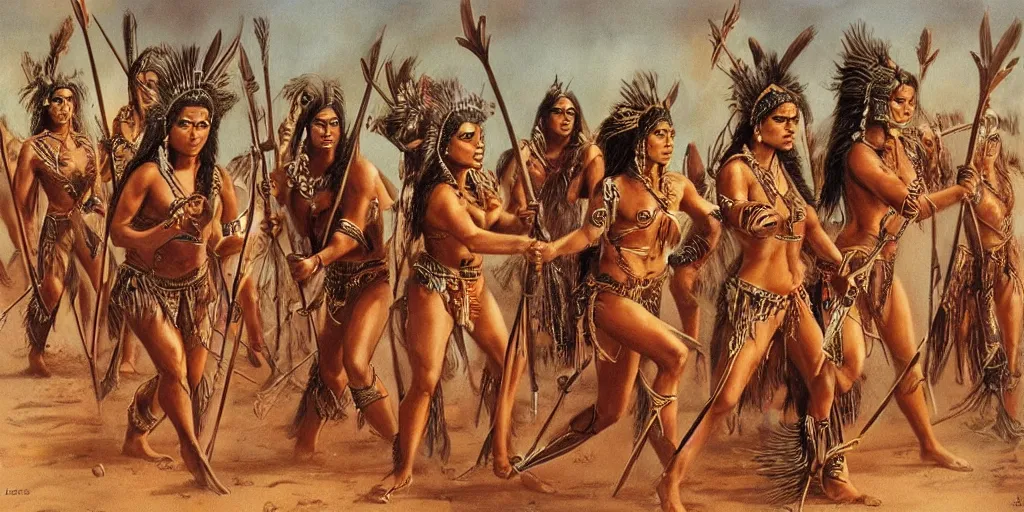 Image similar to movie, powerful beautiful aztec and Amazonian warrior female tribes attack each other,bows and arrows, spears, epic, vintage, Boris vallejo, sepia, apocalypto