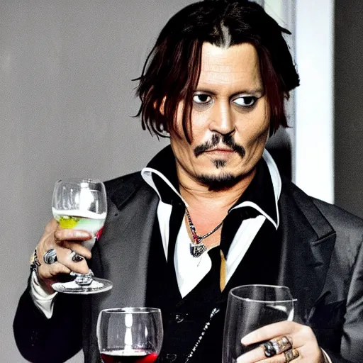 Image similar to Johnny Depp taking a sip from a megapint of red wine, photograph