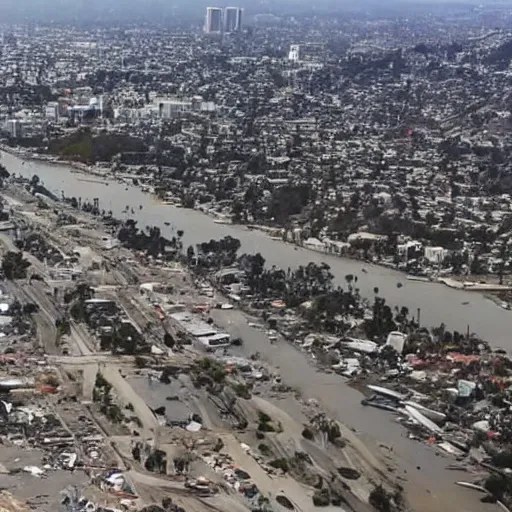 Prompt: aerial footage of los angeles after huge earthquake and tsunami