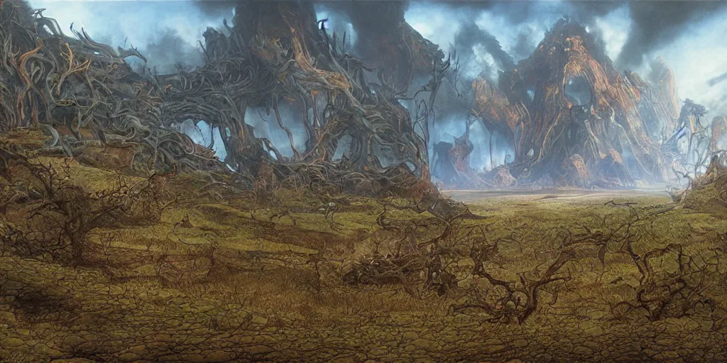 Image similar to Artwork by John Howe of the cinematic view of Hunting Grounds of the Unspeakable