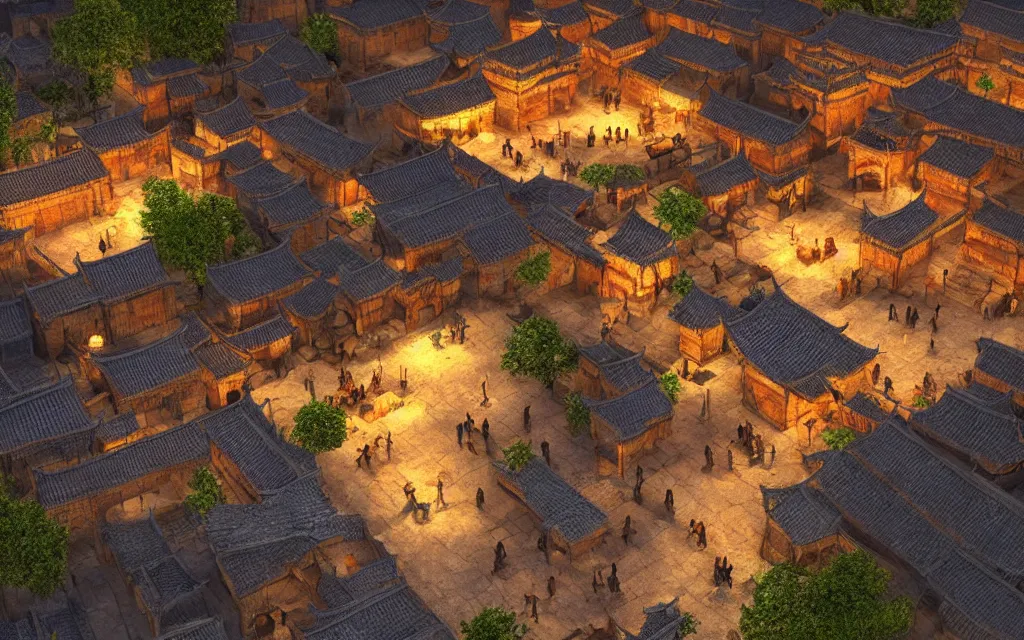 Image similar to the square of a medieval chinese village with a well in the center, arches, orange light, highly detailed, cinematic lighting, render, fantasy