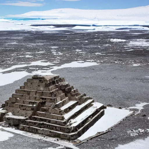 Prompt: the ruins of an abandoned ancient pyramid city in antarctica