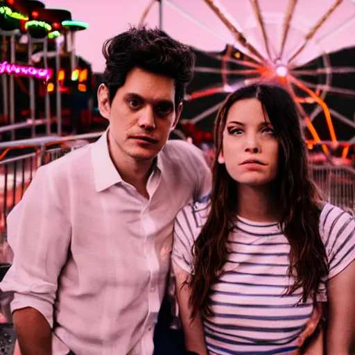 Image similar to john mayer on a ferris wheel making out with his model girlfriend in the middle of an amusement park. people have their families with them. it was the most awkward scene to ever happen to them. cinematic 8 k