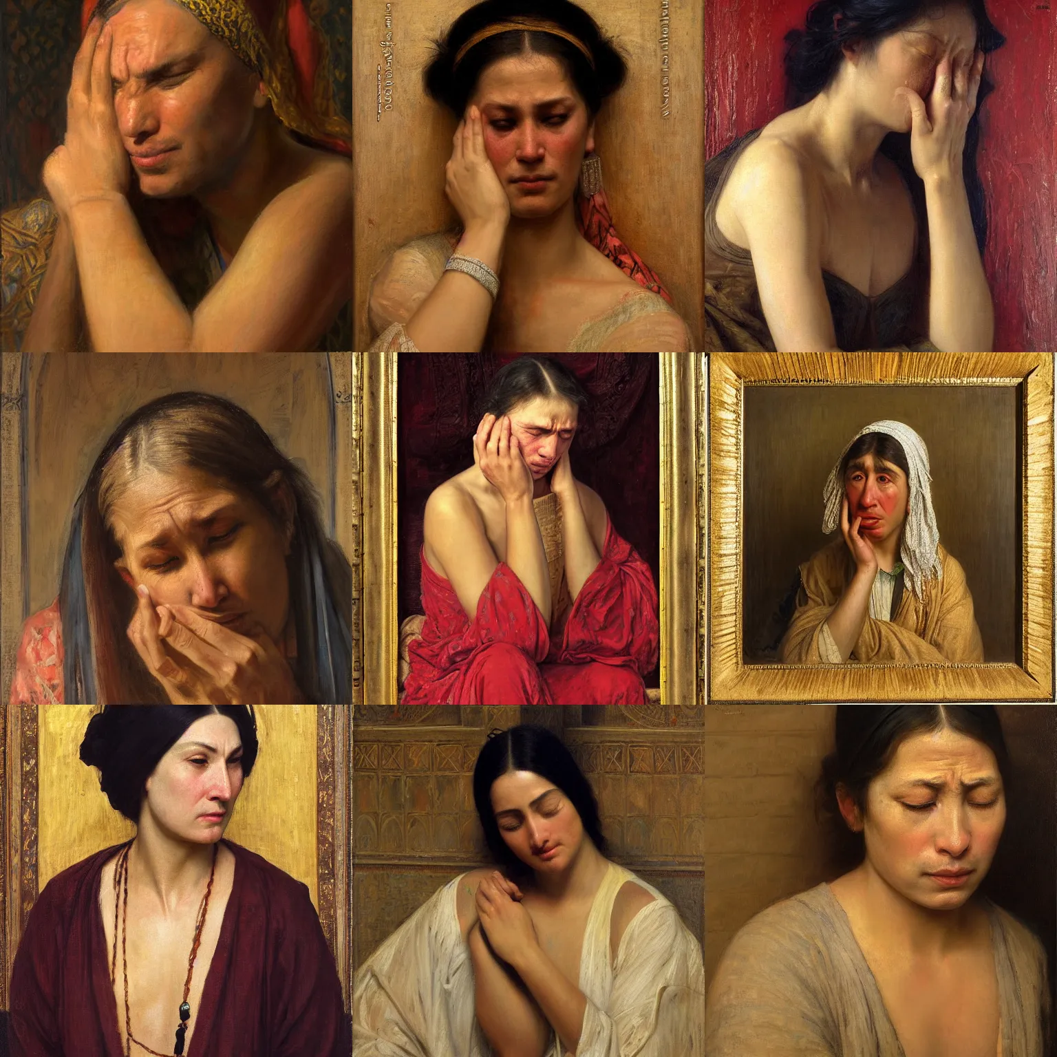 Prompt: orientalism crying sad inconsolable weeping face portrait by Edwin Longsden Long and Theodore Ralli and Nasreddine Dinet and Adam Styka, masterful intricate art. Oil on canvas, excellent lighting, high detail 8k